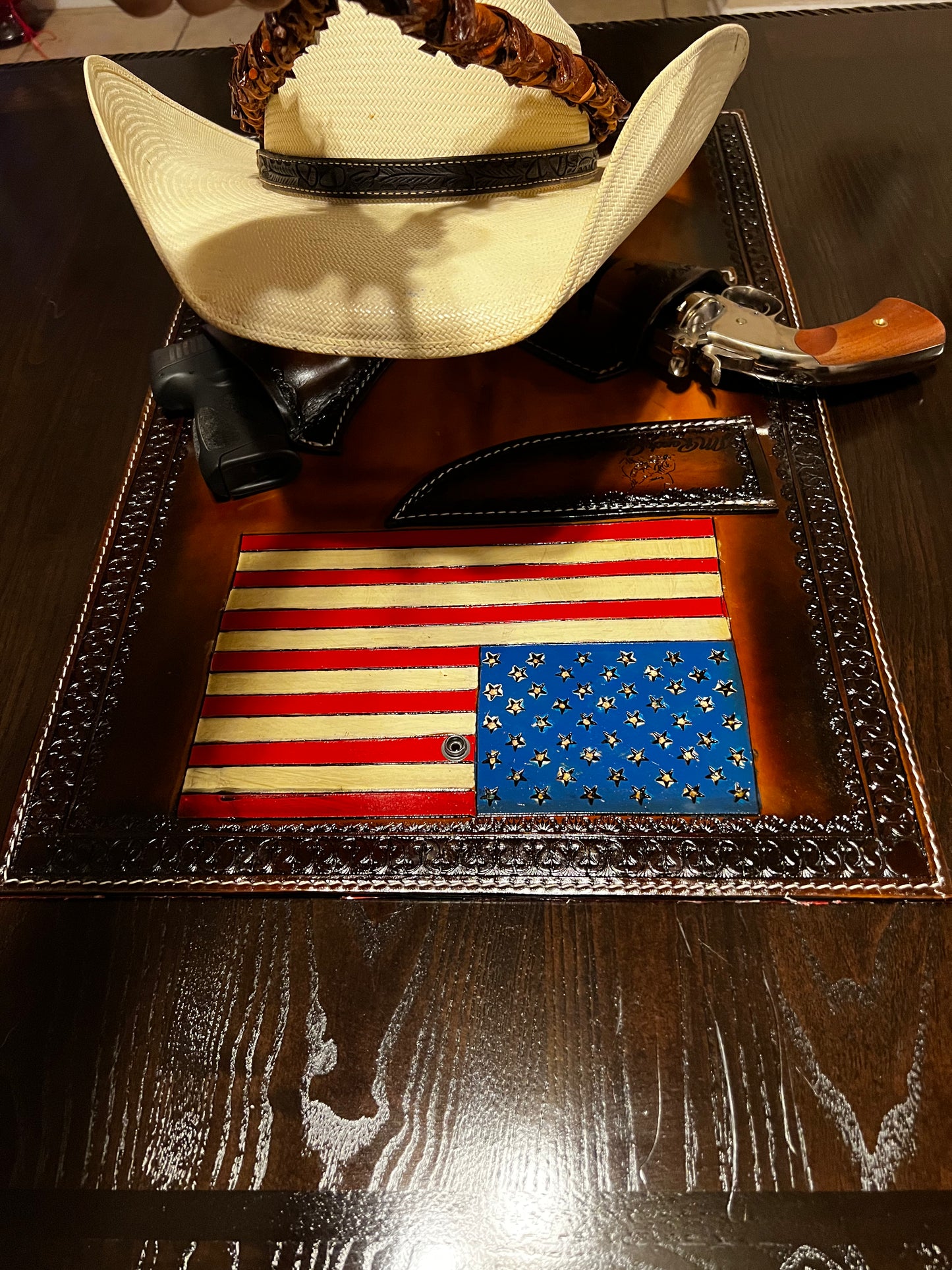 Jesse Marroquin’s Red, White, & Blue Edition Gun Holster Cowboy Hat Rack.