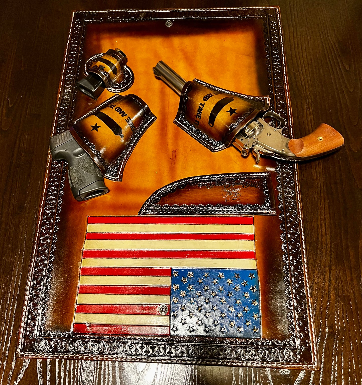 Jesse Marroquin’s Red, White, & Blue Edition Gun Holster Cowboy Hat Rack.