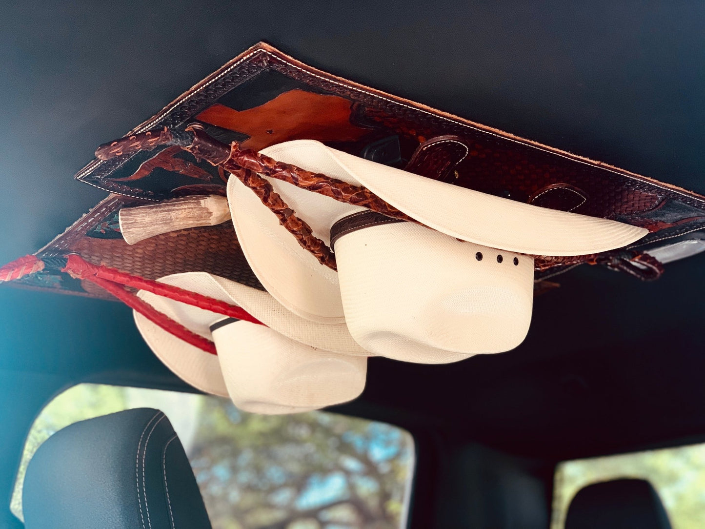 JM Texas Outlaw Edition Cowboy Hat Rack Gun Holster & Dagger Tooled Leather Mount. - JM Ranch Snap Racks