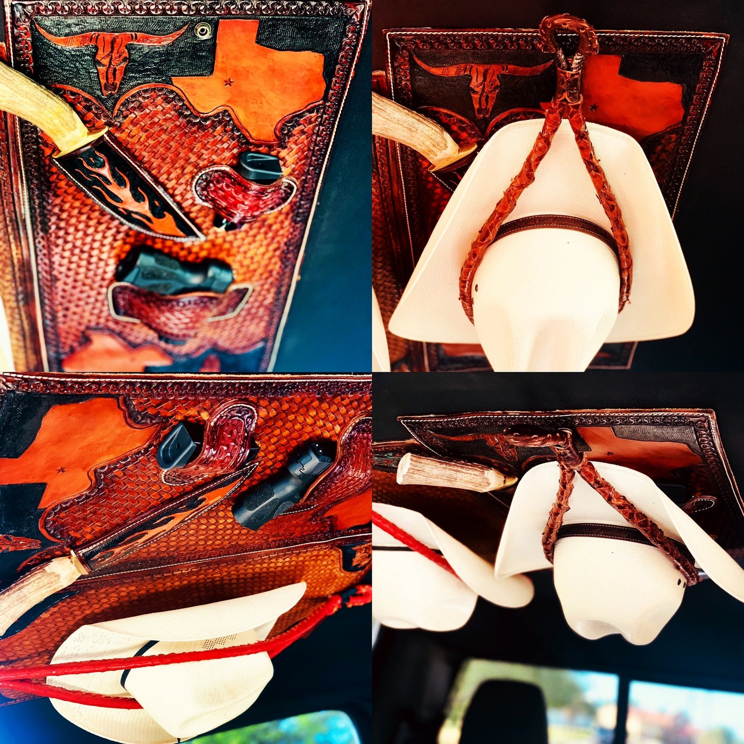 JM Texas Outlaw Edition Cowboy Hat Rack Gun Holster & Dagger Tooled Leather Mount. - JM Ranch Snap Racks