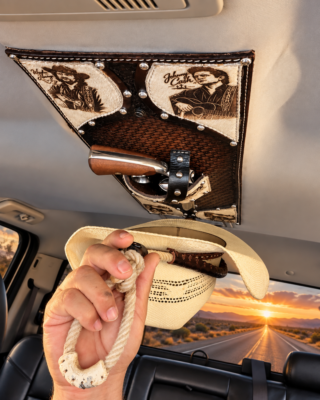 Jesse Marroquin’s Outlaw Country Tribute Gun Holster Cowboy Hat Rack - featured lifestyle view 2