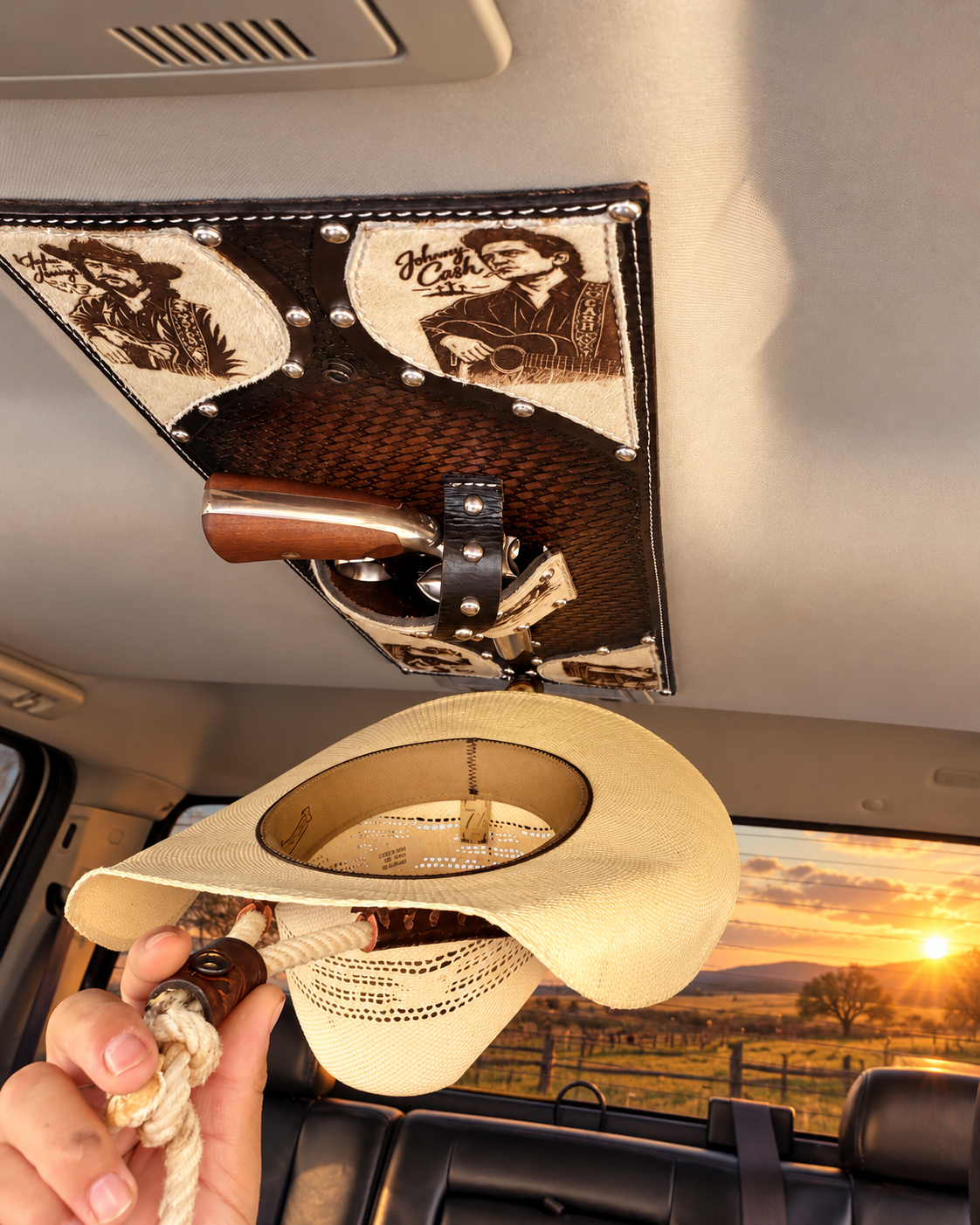 Jesse Marroquin’s Outlaw Country Tribute Gun Holster Cowboy Hat Rack - featured lifestyle view 1