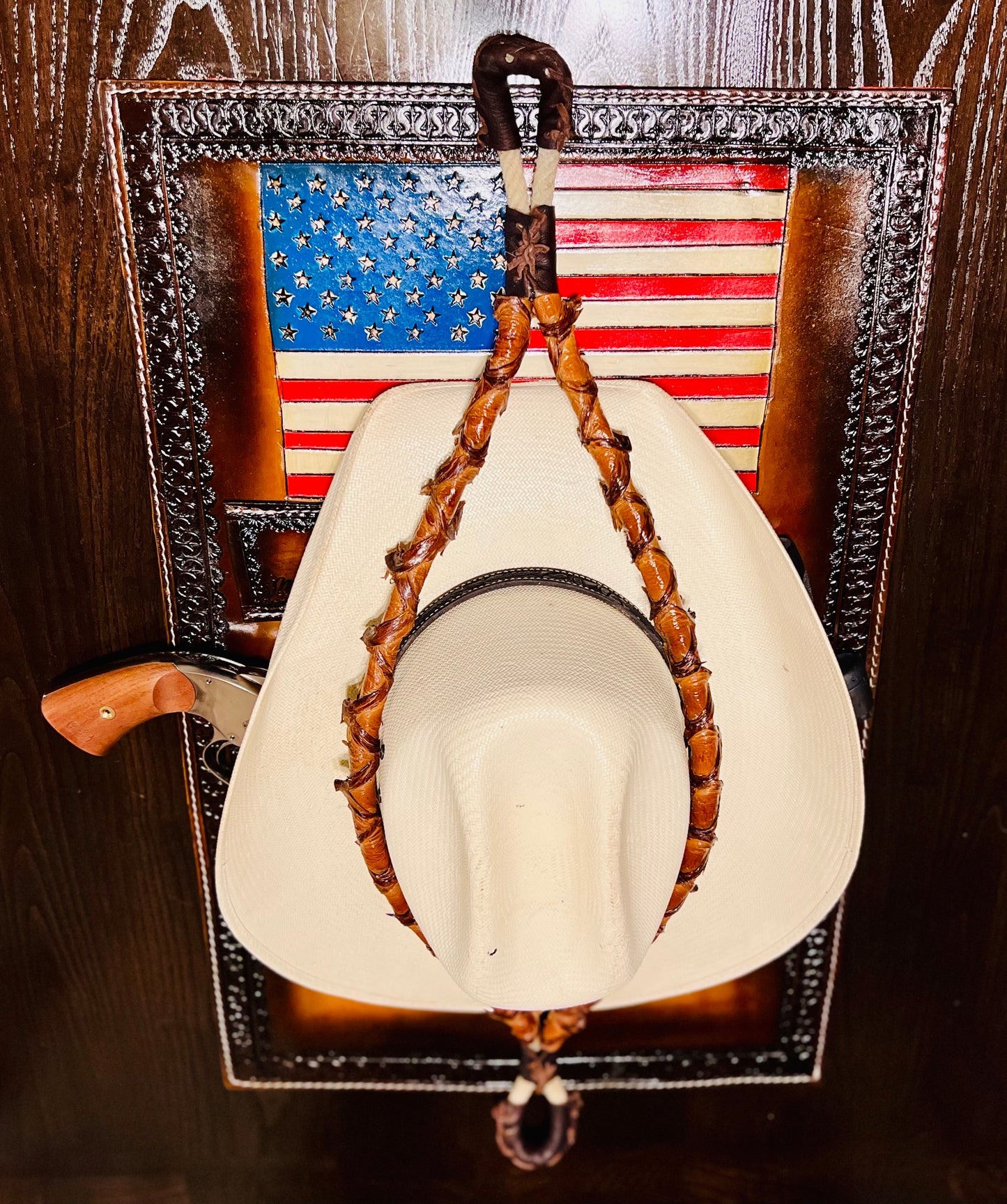Jesse Marroquin’s Red, White, & Blue Cowboy Edition Gun Holster Cowboy Hat Rack.