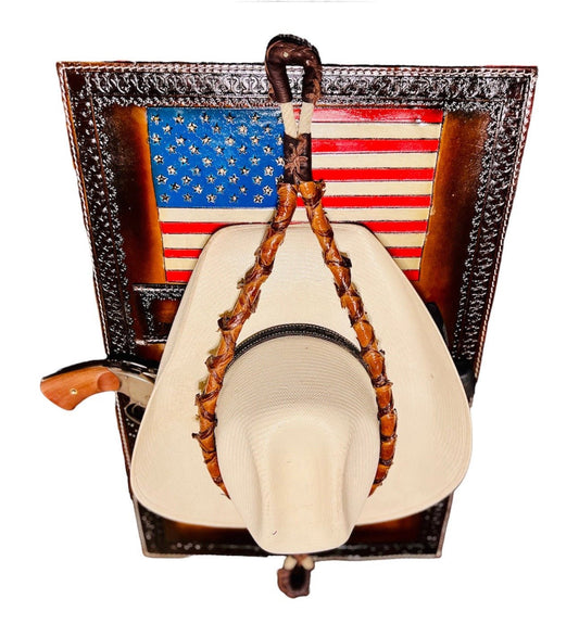 Jesse Marroquin’s Red, White, & Blue Cowboy Edition Gun Holster Cowboy Hat Rack. - JM Ranch Snap Racks