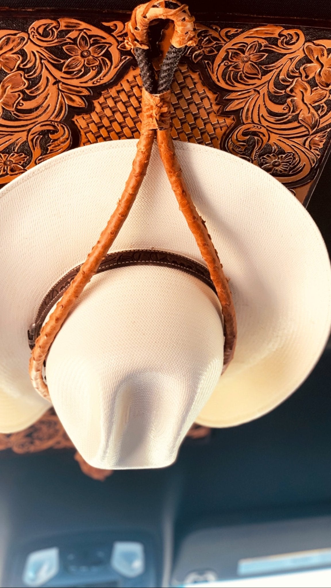 JM Ostrich Cognac Edition Cowboy Hat Rack - JM Ranch Snap Racks